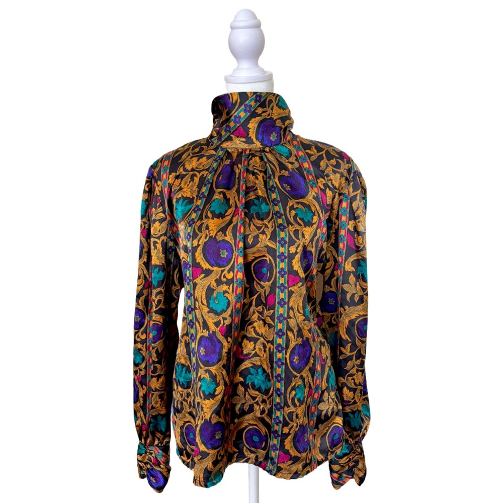 VINTAGE 1980'S Nicola Black and Gold Silky Button Up Blouse